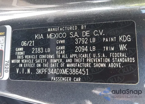 2021 Kia Forte Gt-Line from USA, damaged, VIN 3KPF34ADXME386451